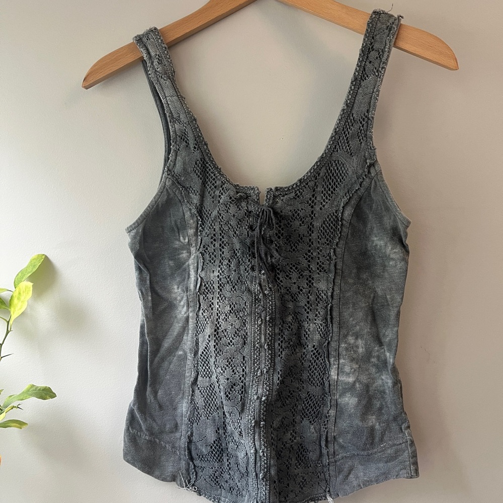 Free People Blue/Gray Tank Top with Lace Detail